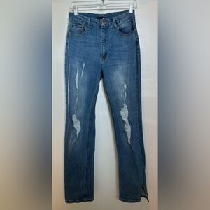 FashionNova Size 9 Distressed Side Slit Straight Leg Blue Jeans